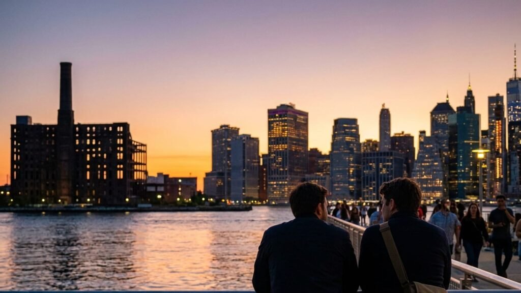 The illuminated Manhattan skyline at night across the East River.