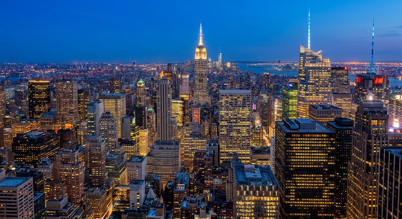 Midtown Manhattan skyline at dusk from Top of the Rock